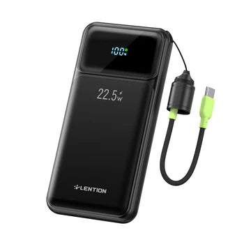 Black portable power bank with digital display showing 100+ charge and 22.5W, includes USB-C and charging cables.