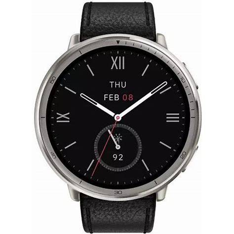 Amazfit Active 2 smartwatch with round stainless steel case, black dial, roman numerals, and black leather strap.