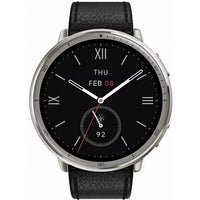 Amazfit Active 2 smartwatch with round stainless steel case, black dial, roman numerals, and black leather strap.