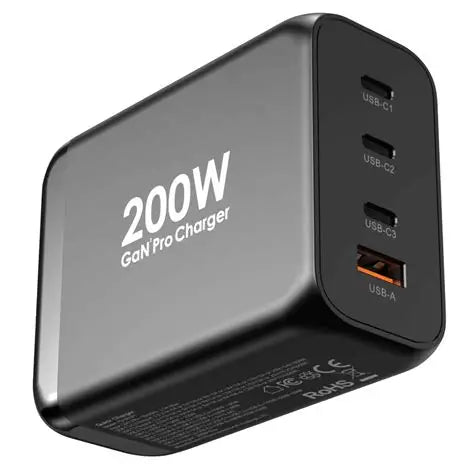 Black fob'inc 200W GaNPro Charger with four USB ports (three USB-C and one USB-A) on right side.