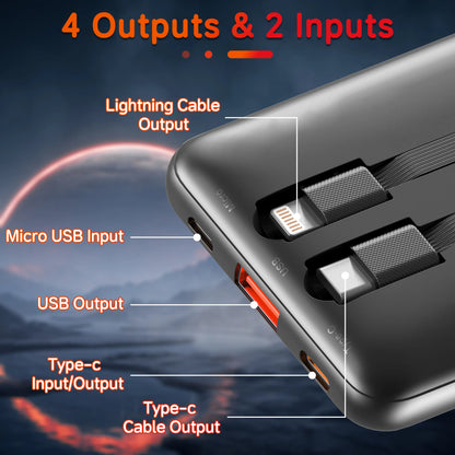 Fob’inc 10000mAh Portable Charger — Built‑In Cables