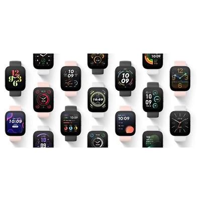 Collection of colorful smartwatches with various square digital faces and watch bands displayed in rows.